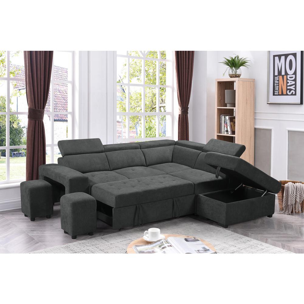 Henrik Dark Gray Sleeper Sectional Sofa with Storage Ottoman and 2 Stools. Picture 2