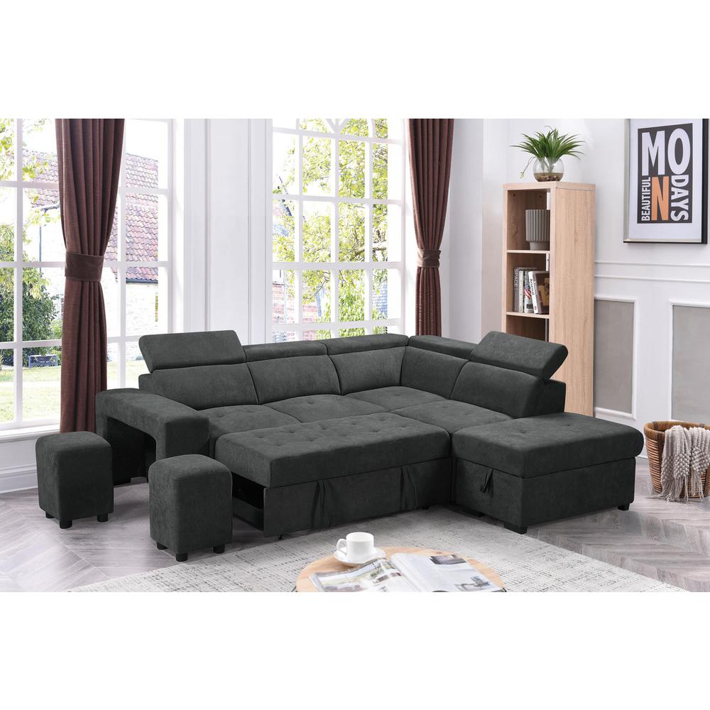 Henrik Dark Gray Sleeper Sectional Sofa with Storage Ottoman and 2 Stools. Picture 5