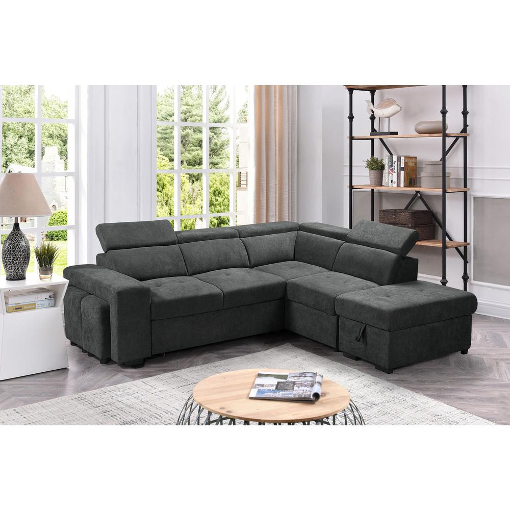 Henrik Dark Gray Sleeper Sectional Sofa with Storage Ottoman and 2 Stools. Picture 6