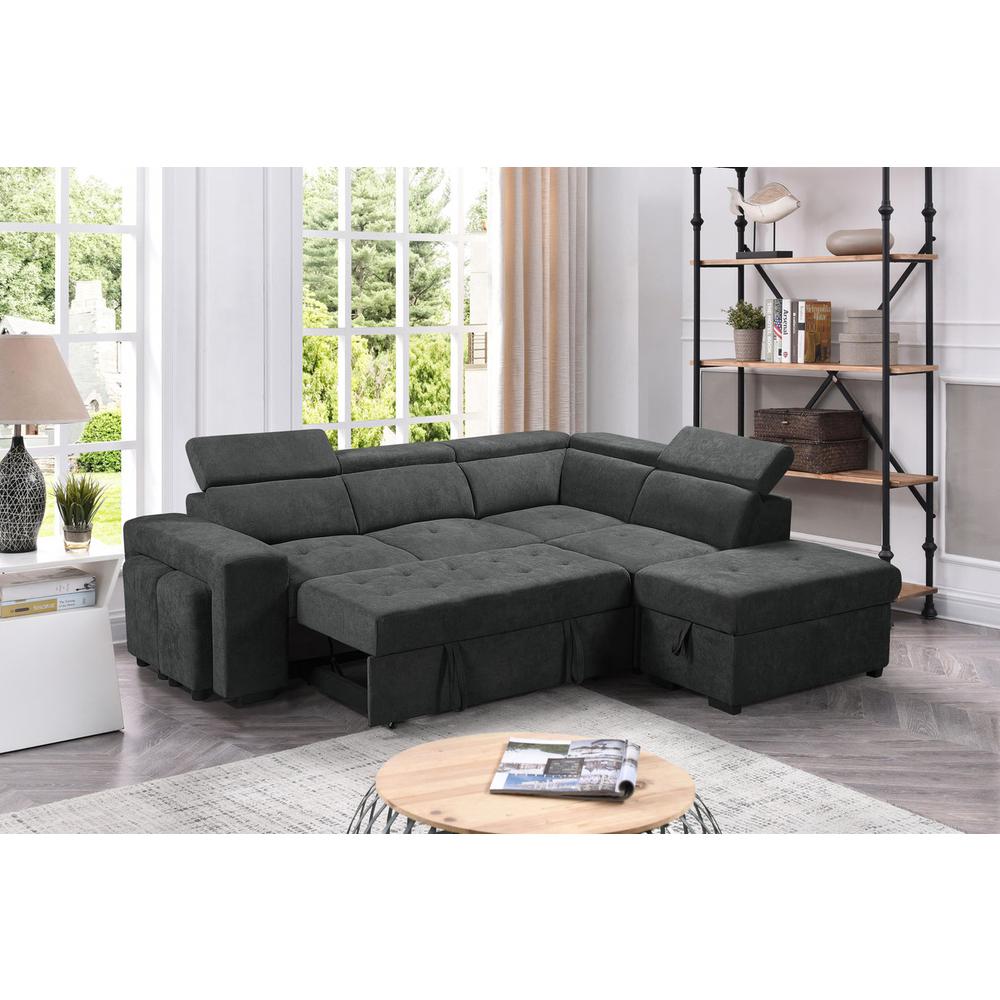 Henrik Dark Gray Sleeper Sectional Sofa with Storage Ottoman and 2 Stools. Picture 7