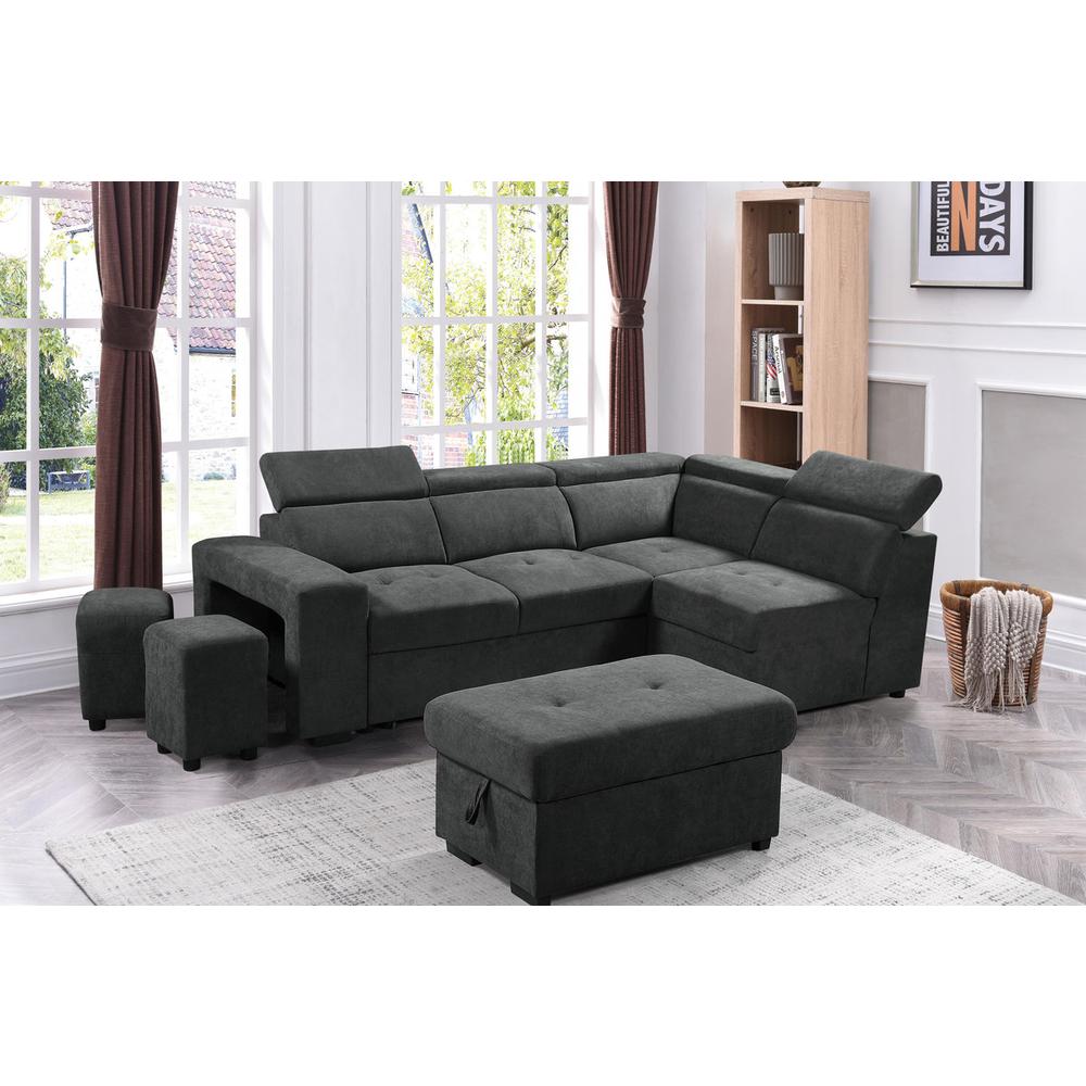 Henrik Dark Gray Sleeper Sectional Sofa with Storage Ottoman and 2 Stools. Picture 4