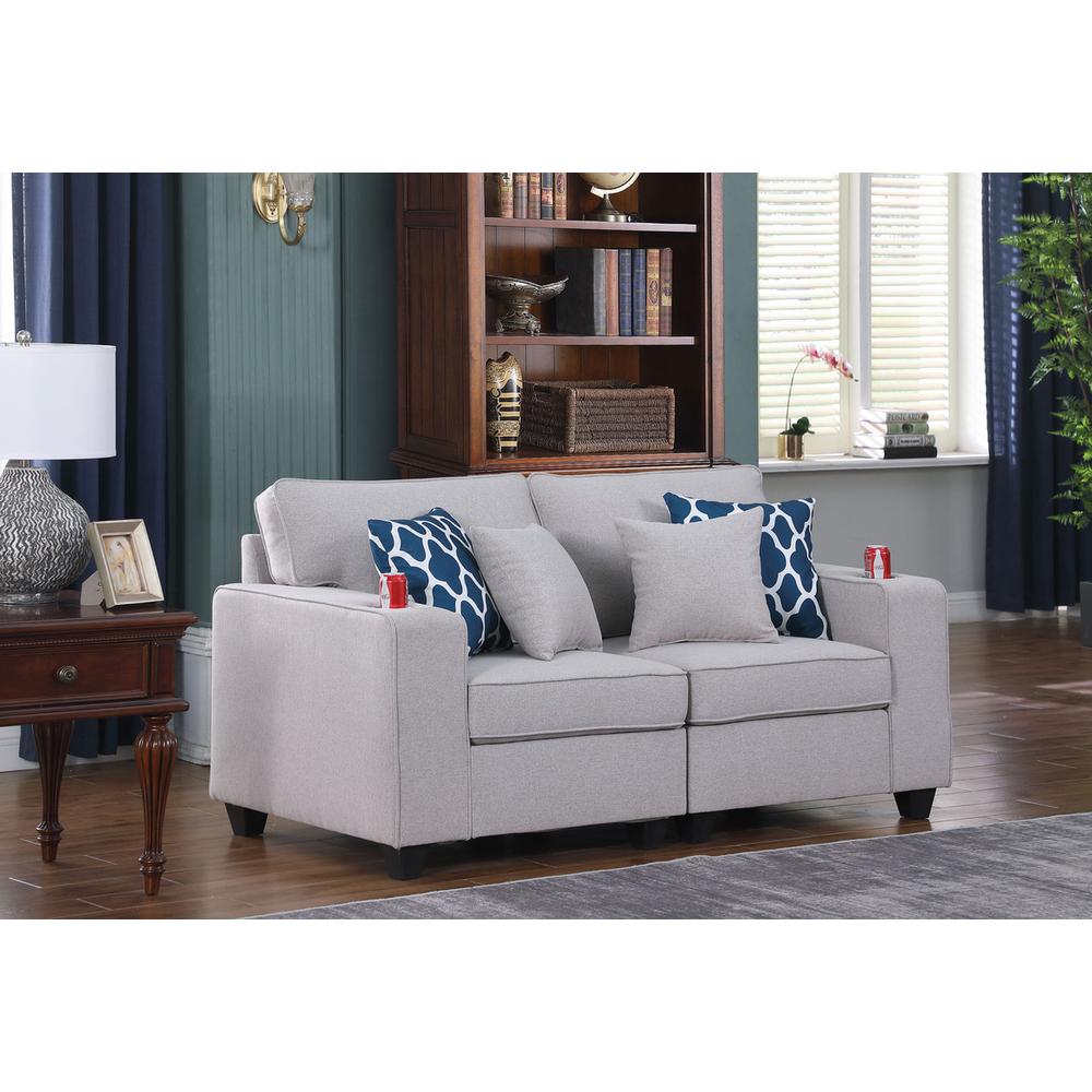 Cooper Light Gray Linen Loveseat with Cupholder. Picture 2