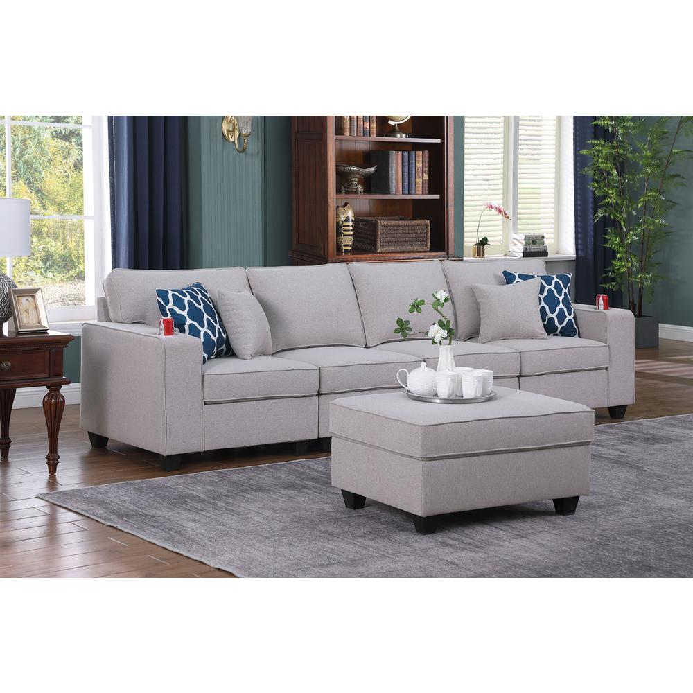 Cooper Light Gray Linen 4-Seater Sofa with Ottoman & Cupholder. Picture 3