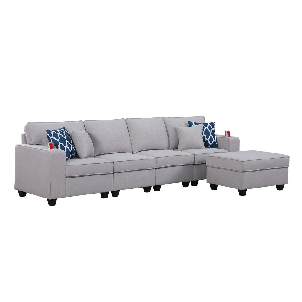 Cooper Light Gray Linen 4-Seater Sofa with Ottoman & Cupholder. Picture 2