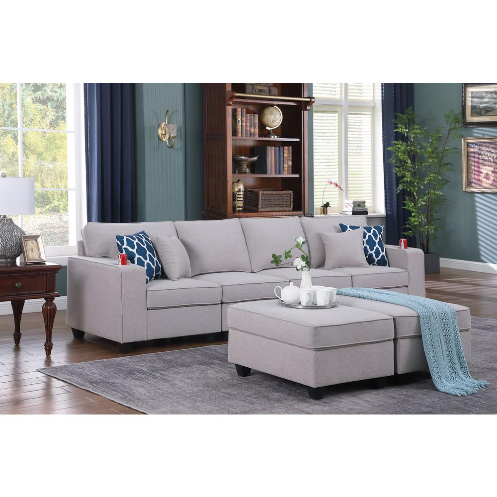 Cooper Light Gray Linen 4-Seater Sofa with 2 Ottomans & Cupholder. Picture 3