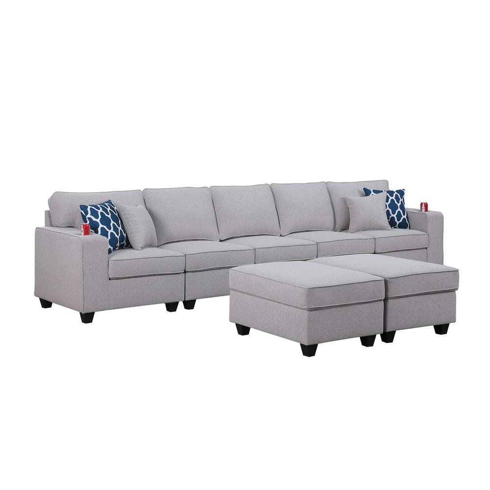 Cooper Light Gray Linen 5-Seater Sofa with 2 Ottomans & Cupholder. Picture 1