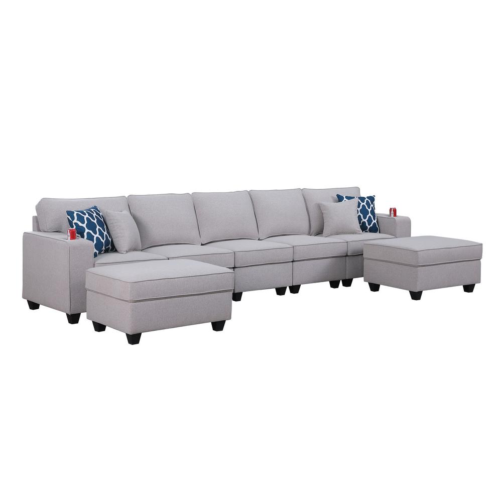 Cooper Light Gray Linen 5-Seater Sofa with 2 Ottomans & Cupholder. Picture 2