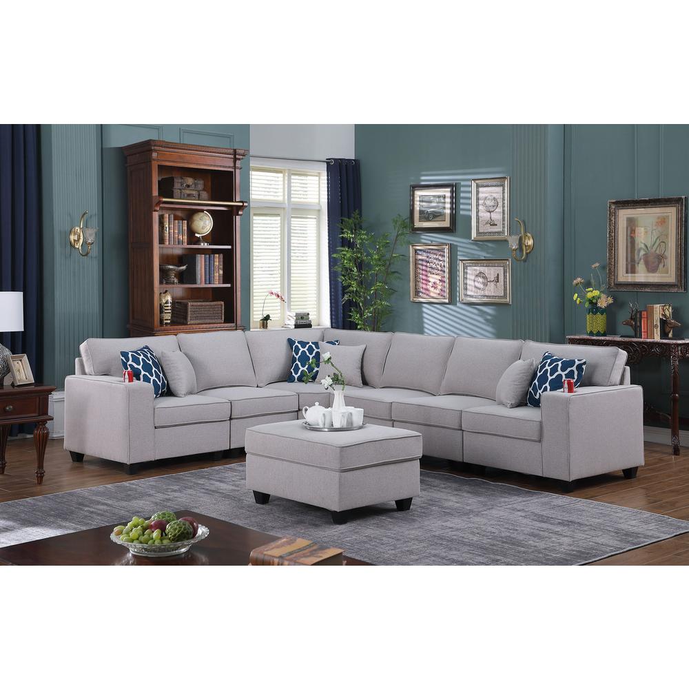 Cooper Light Gray Linen 7Pc Reversible L-Shape Sectional Sofa with Ottoman & Cupholder. Picture 7