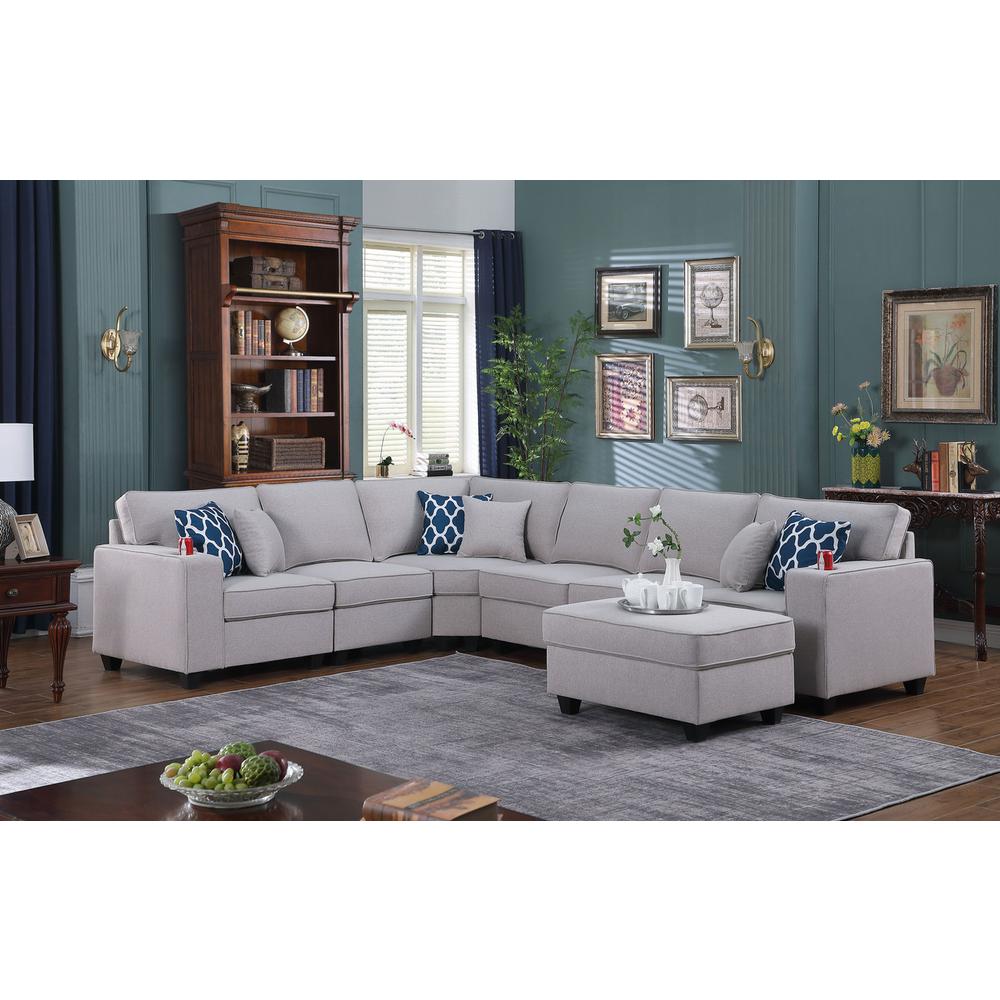 Cooper Light Gray Linen 7 Pc Reversible L-Shape Sectional Sofa with Ottoman and Cupholder. Picture 7