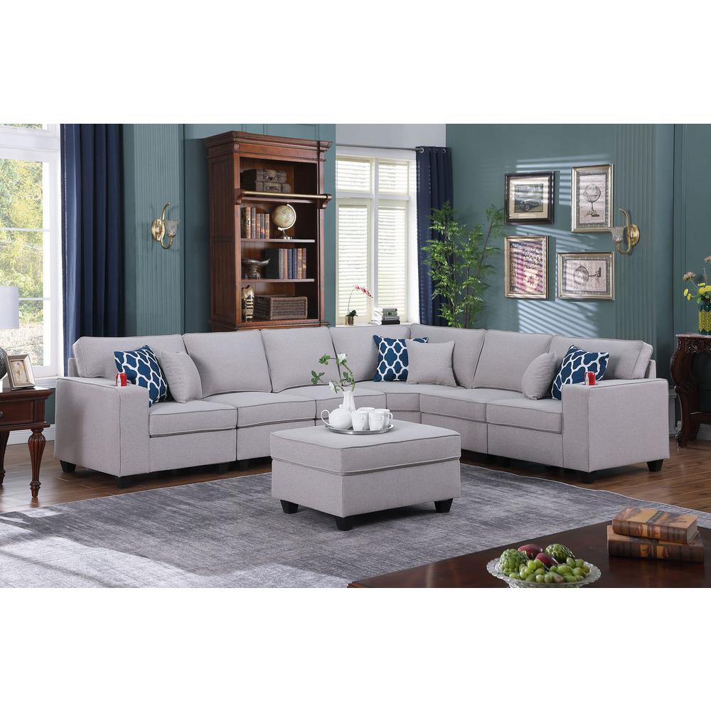 Cooper Light Gray Linen 7-Pc Reversible L-Shape Sectional Sofa with Ottoman and Cupholder. Picture 7