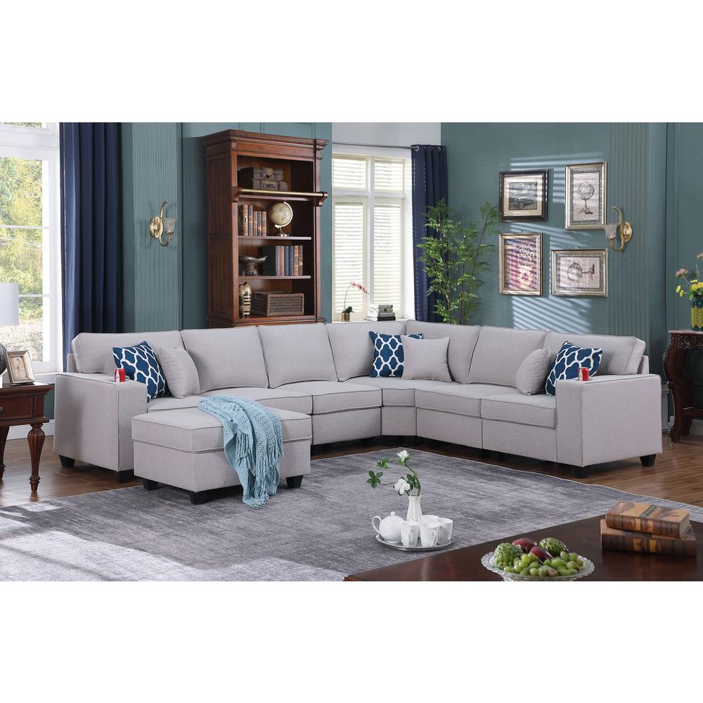 Cooper Light Gray Linen 7Pc Reversible L-Shape Sectional Sofa with Ottoman and Cupholder. Picture 7