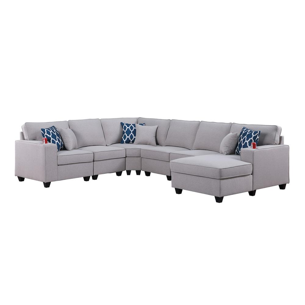 Cooper Light Gray Linen 6Pc Modular Sectional Sofa Chaise with Cupholder. The main picture.