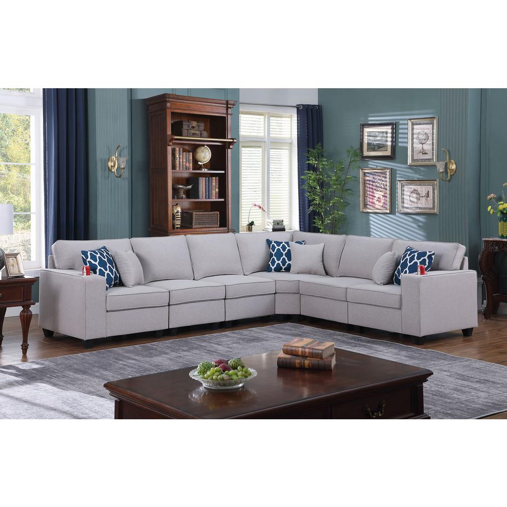Cooper Light Gray Linen 6Pc Reversible L-Shape Sectional Sofa with Cupholder. Picture 4