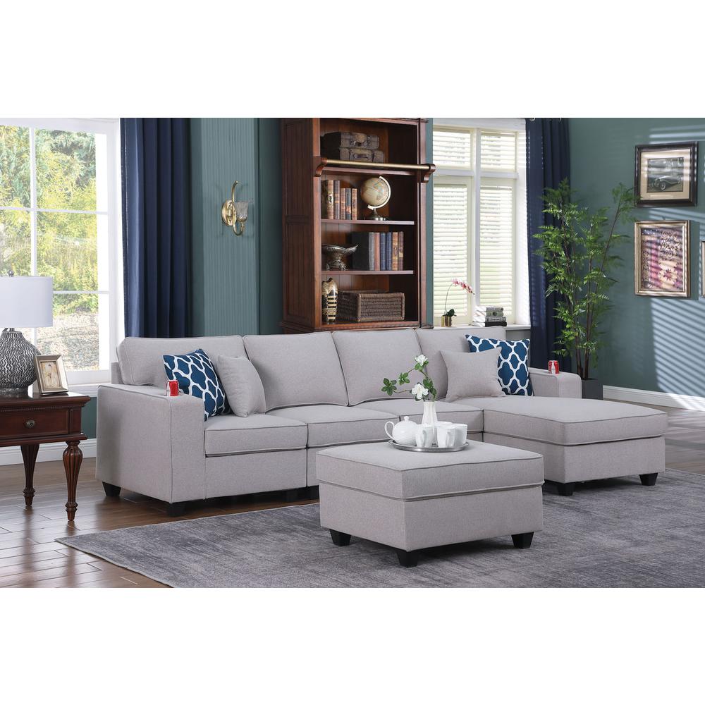 Cooper Light Gray Linen 5 Pc Sectional Sofa Chaise with Ottoman and Cupholder. Picture 5
