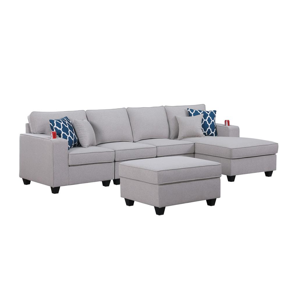 Cooper Light Gray Linen 5 Pc Sectional Sofa Chaise with Ottoman and Cupholder. The main picture.