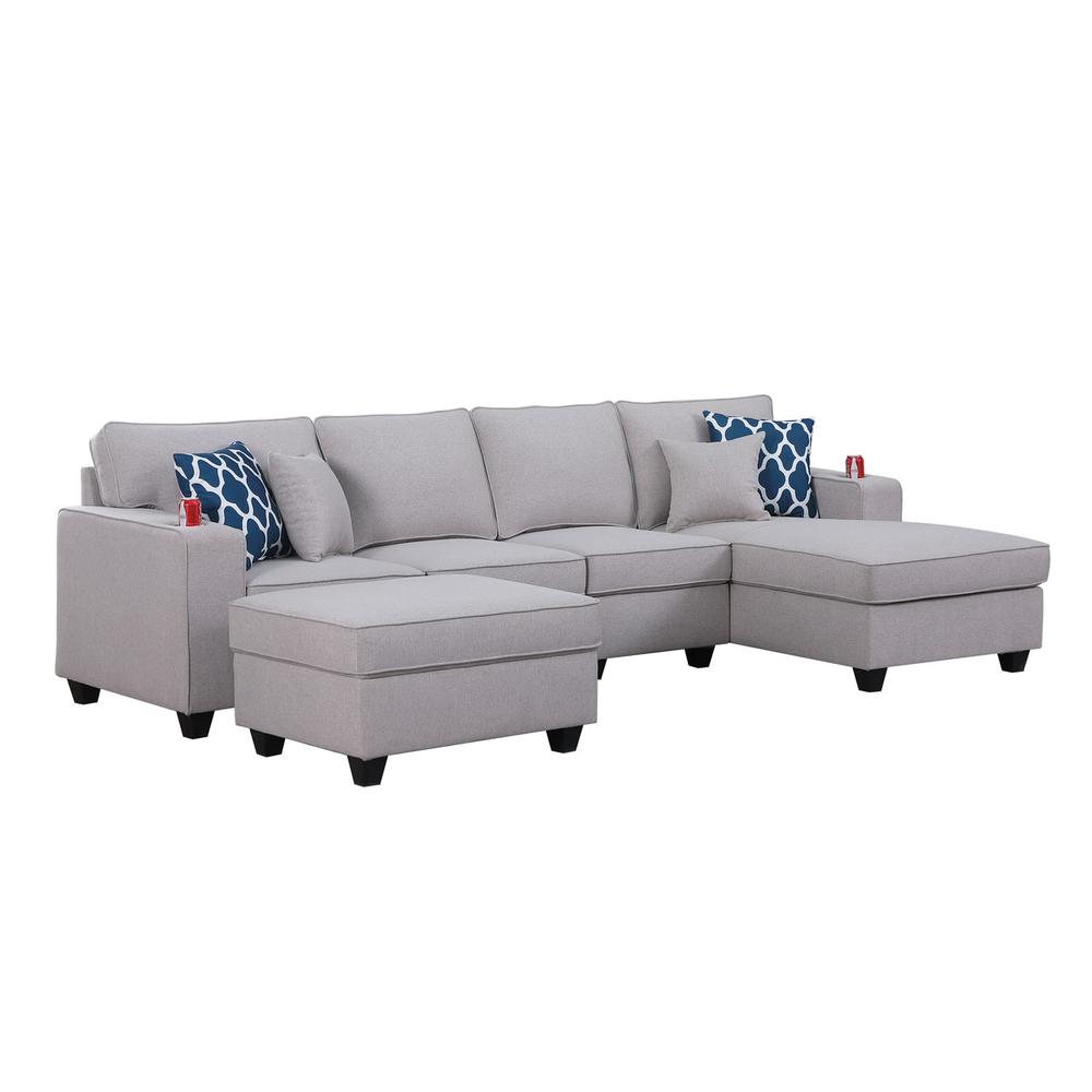 Cooper Light Gray Linen 5 Pc Sectional Sofa Chaise with Ottoman and Cupholder. Picture 2