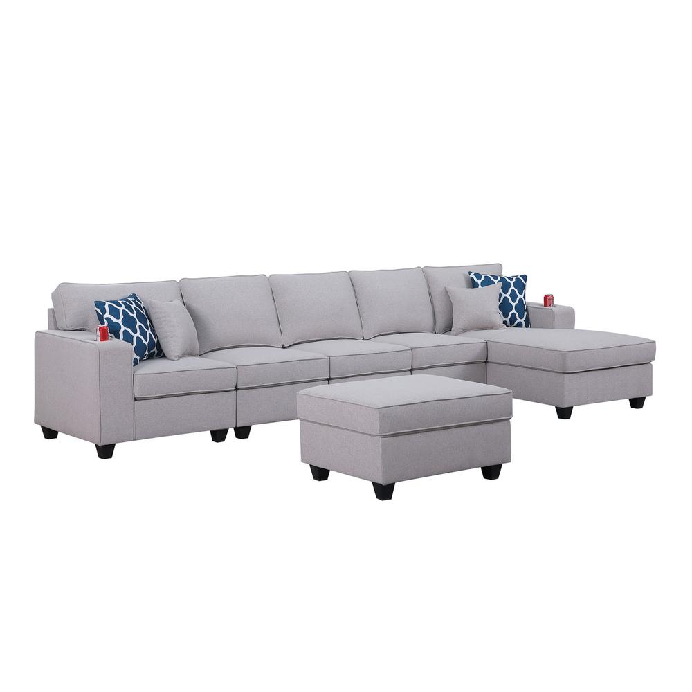 Cooper Light Gray Linen 6 Pc Sectional Sofa Chaise with Ottoman and Cupholder. Picture 1