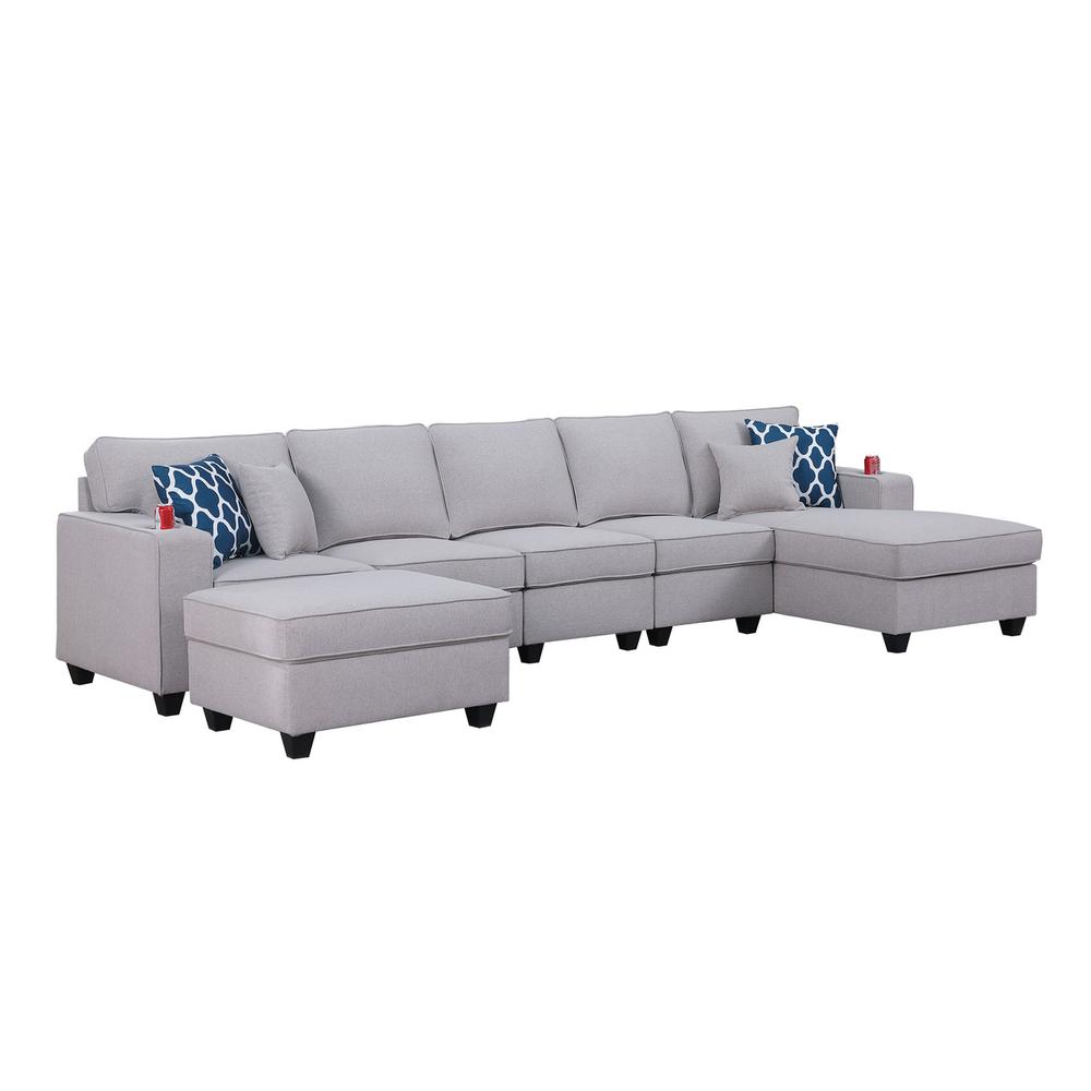 Cooper Light Gray Linen 6 Pc Sectional Sofa Chaise with Ottoman and Cupholder. Picture 2