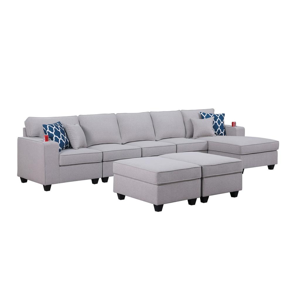Cooper Light Gray Linen Sectional Sofa Chaise with 2 Ottomans and Cupholder. Picture 1