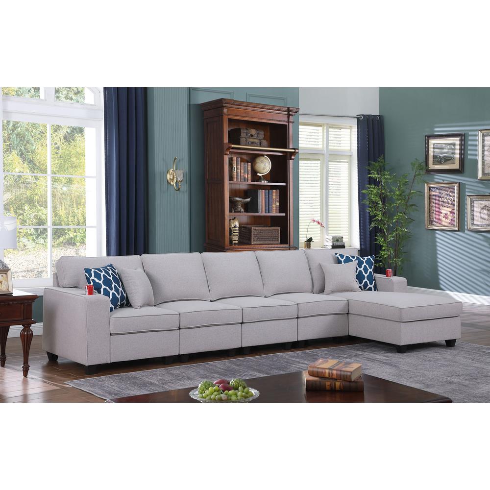 Cooper Light Gray Linen 5Pc Sectional Sofa Chaise with Cupholder. Picture 3