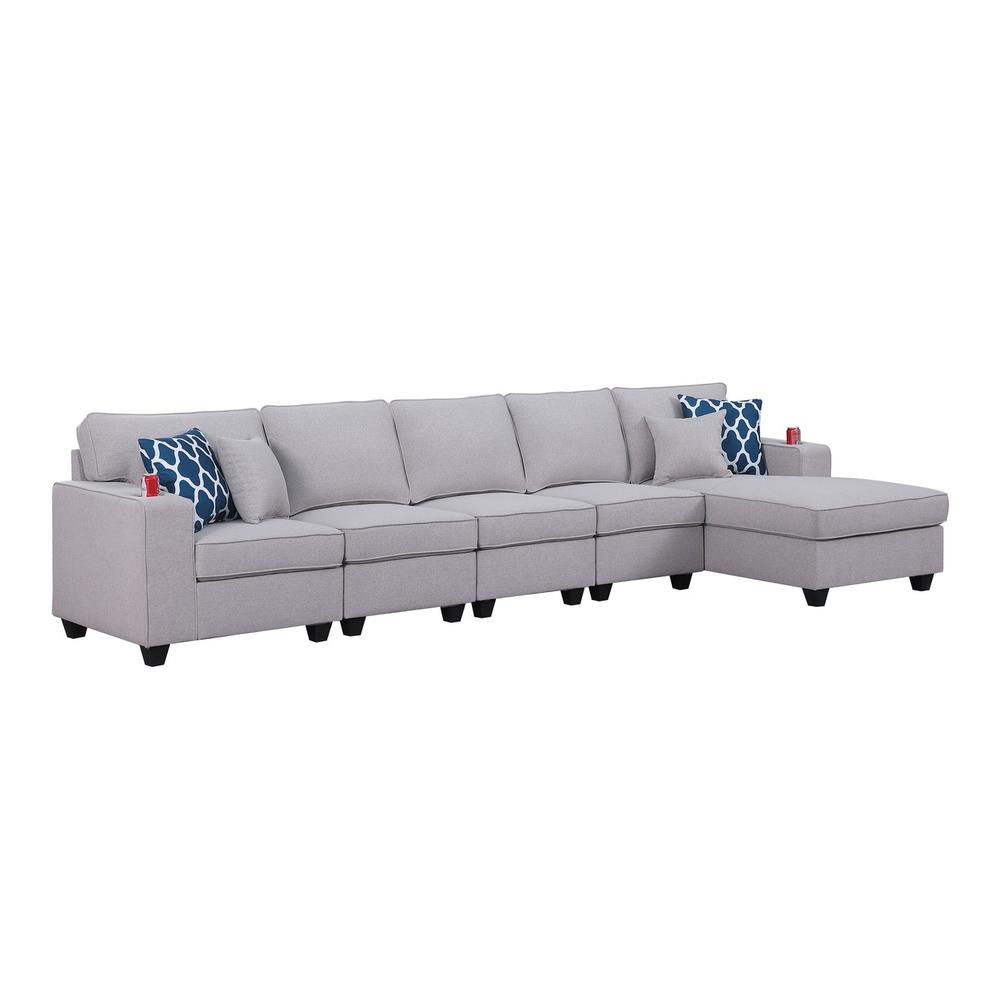 Cooper Light Gray Linen 5Pc Sectional Sofa Chaise with Cupholder. Picture 1