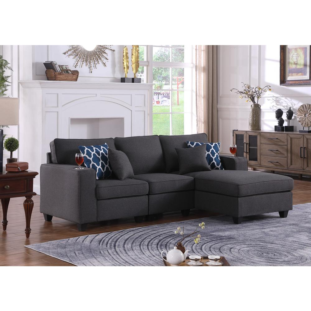 Cooper Dark Gray Linen Sectional Sofa Chaise with Cupholder. Picture 3