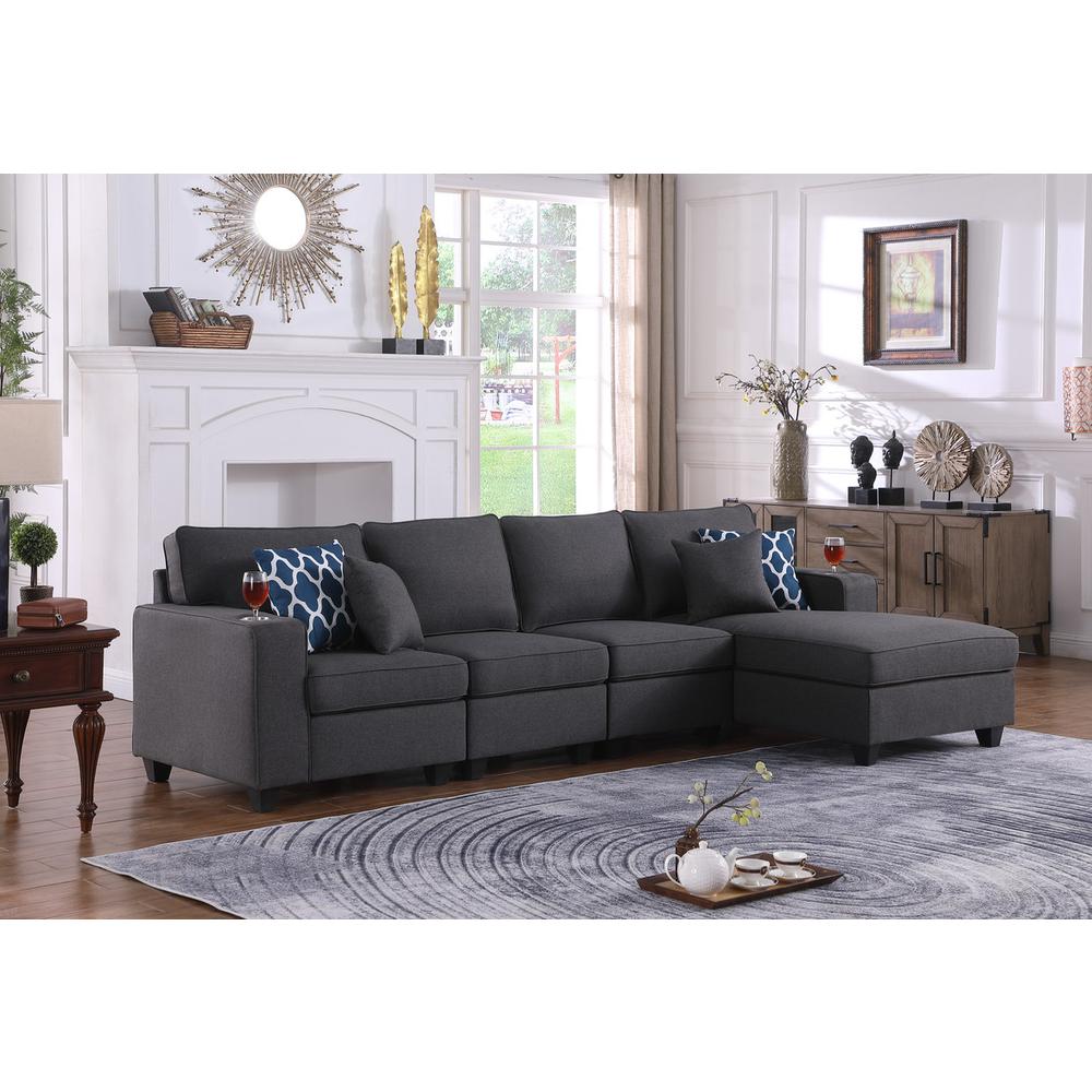 Cooper Dark Gray Linen 4Pc Sectional Sofa Chaise with Cupholder. Picture 3
