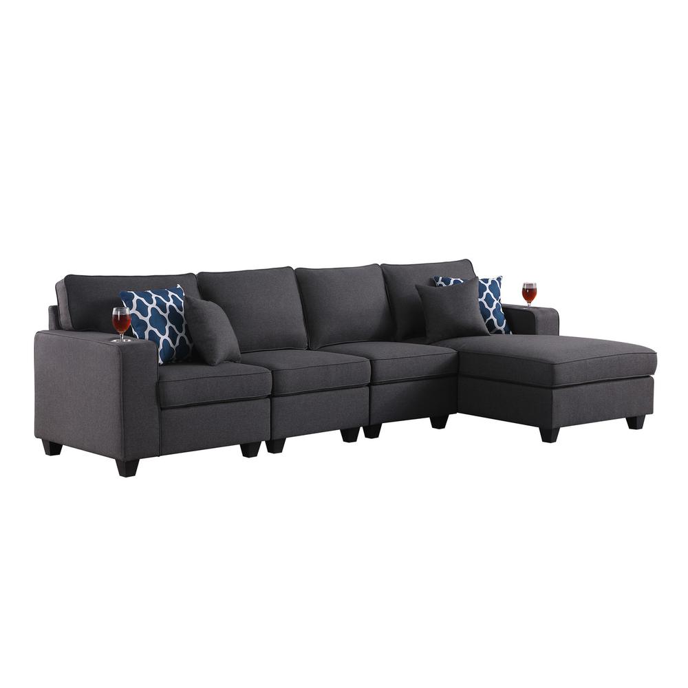 Cooper Dark Gray Linen 4Pc Sectional Sofa Chaise with Cupholder. Picture 1