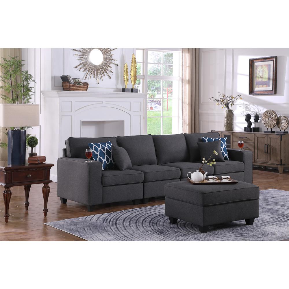 Cooper Dark Gray Linen 4-Seater Sofa with Ottoman & Cupholder. Picture 5