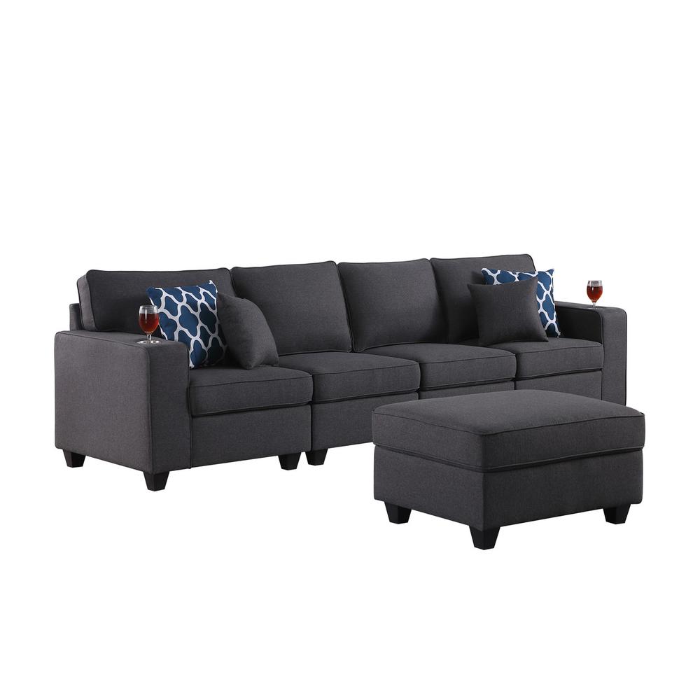 Cooper Dark Gray Linen 4-Seater Sofa with Ottoman & Cupholder. The main picture.