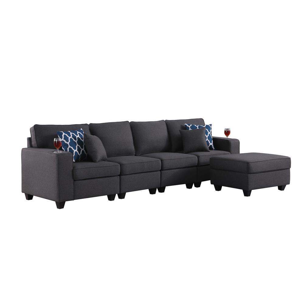 Cooper Dark Gray Linen 4-Seater Sofa with Ottoman & Cupholder. Picture 2