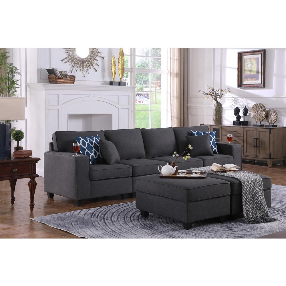 Cooper Dark Gray Linen 4-Seater Sofa with 2 Ottomans & Cupholder. Picture 4