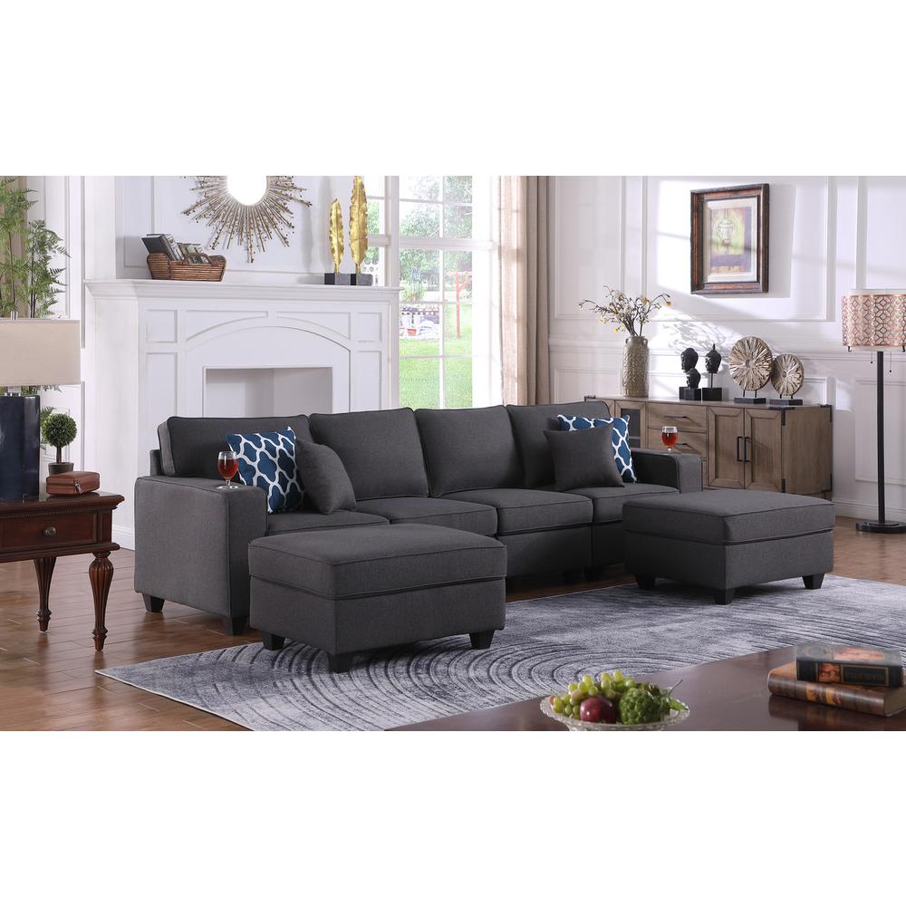 Cooper Dark Gray Linen 4-Seater Sofa with 2 Ottomans and Cupholder. Picture 5