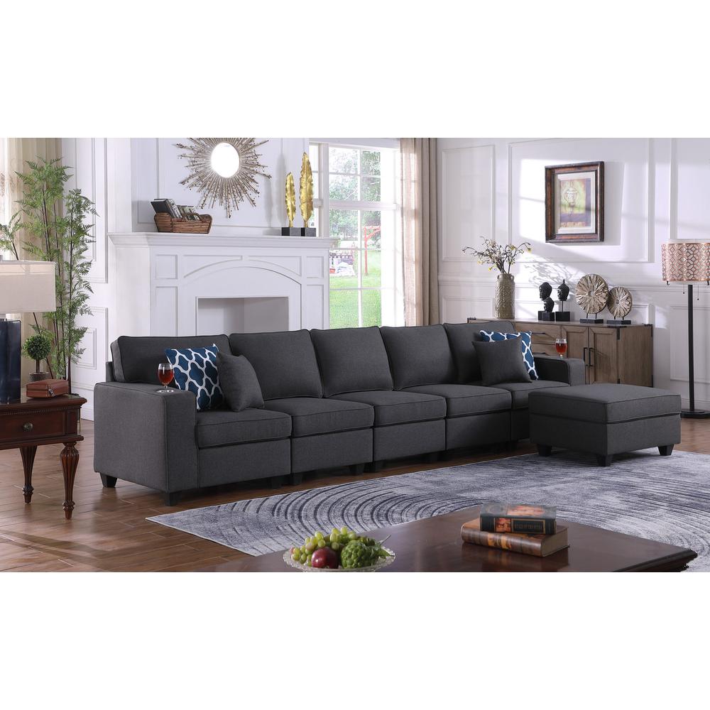 Cooper Dark Gray Linen 5-Seater Sofa with Ottoman and Cupholder. Picture 5