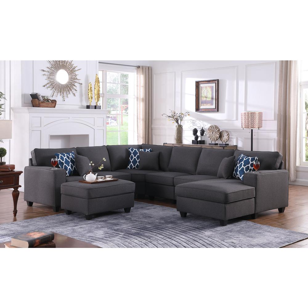 Cooper Dark Gray Linen 7Pc Modular Sectional Sofa Chaise with Ottoman and Cupholder. Picture 2