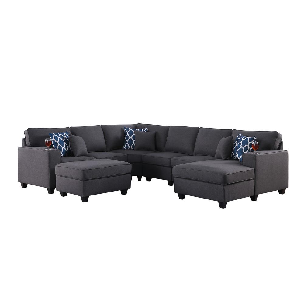 Cooper Dark Gray Linen 7Pc Modular Sectional Sofa Chaise with Ottoman and Cupholder. Picture 1