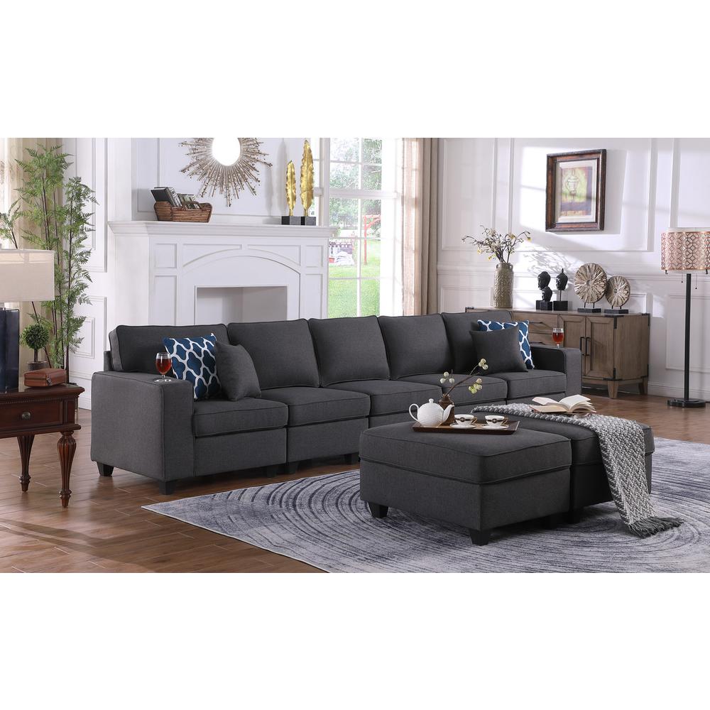 Cooper Dark Gray Linen 5-Seater Sofa with 2 Ottomans & Cupholder. Picture 5