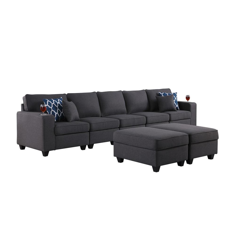 Cooper Dark Gray Linen 5-Seater Sofa with 2 Ottomans & Cupholder. The main picture.
