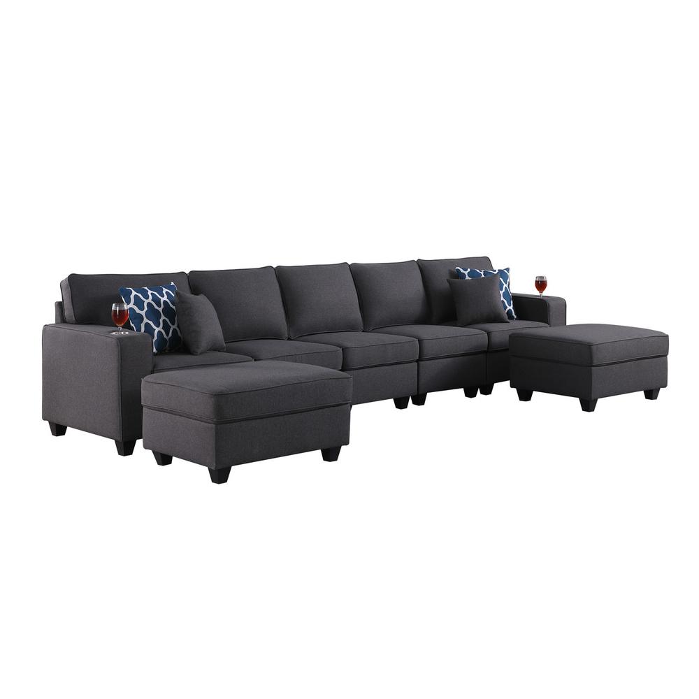 Cooper Dark Gray Linen 5-Seater Sofa with 2 Ottomans & Cupholder. Picture 2