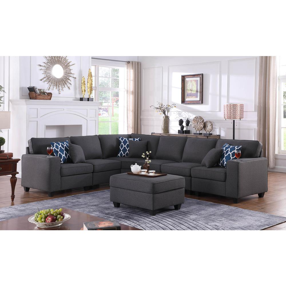 Cooper Dark Gray Linen 7Pc Reversible L-Shape Sectional Sofa with Ottoman & Cupholder. Picture 5