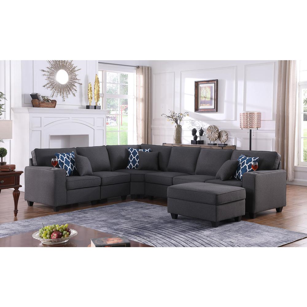 Cooper Dark Gray Linen 7 Pc Reversible L-Shape Sectional Sofa with Ottoman and Cupholder. Picture 5