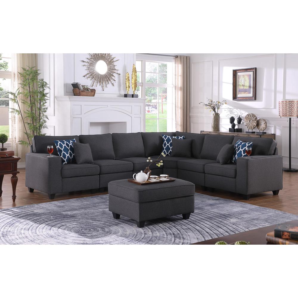 Cooper Dark Gray Linen 7 Pc Reversible L-Shape Sectional Sofa with Ottoman & Cupholder. Picture 7