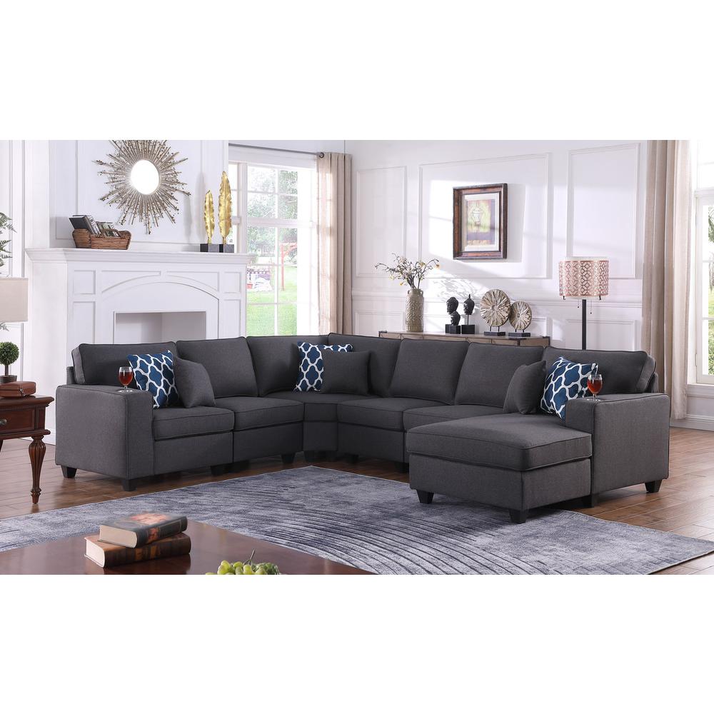 Cooper Dark Gray Linen 6Pc Modular Sectional Sofa Chaise with Cupholder. Picture 3