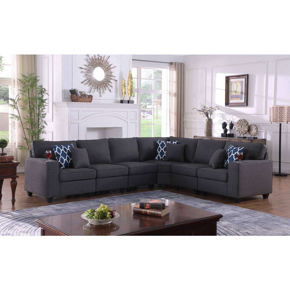 Cooper Dark Gray Linen 6Pc Reversible L-Shape Sectional Sofa with Cupholder. Picture 4