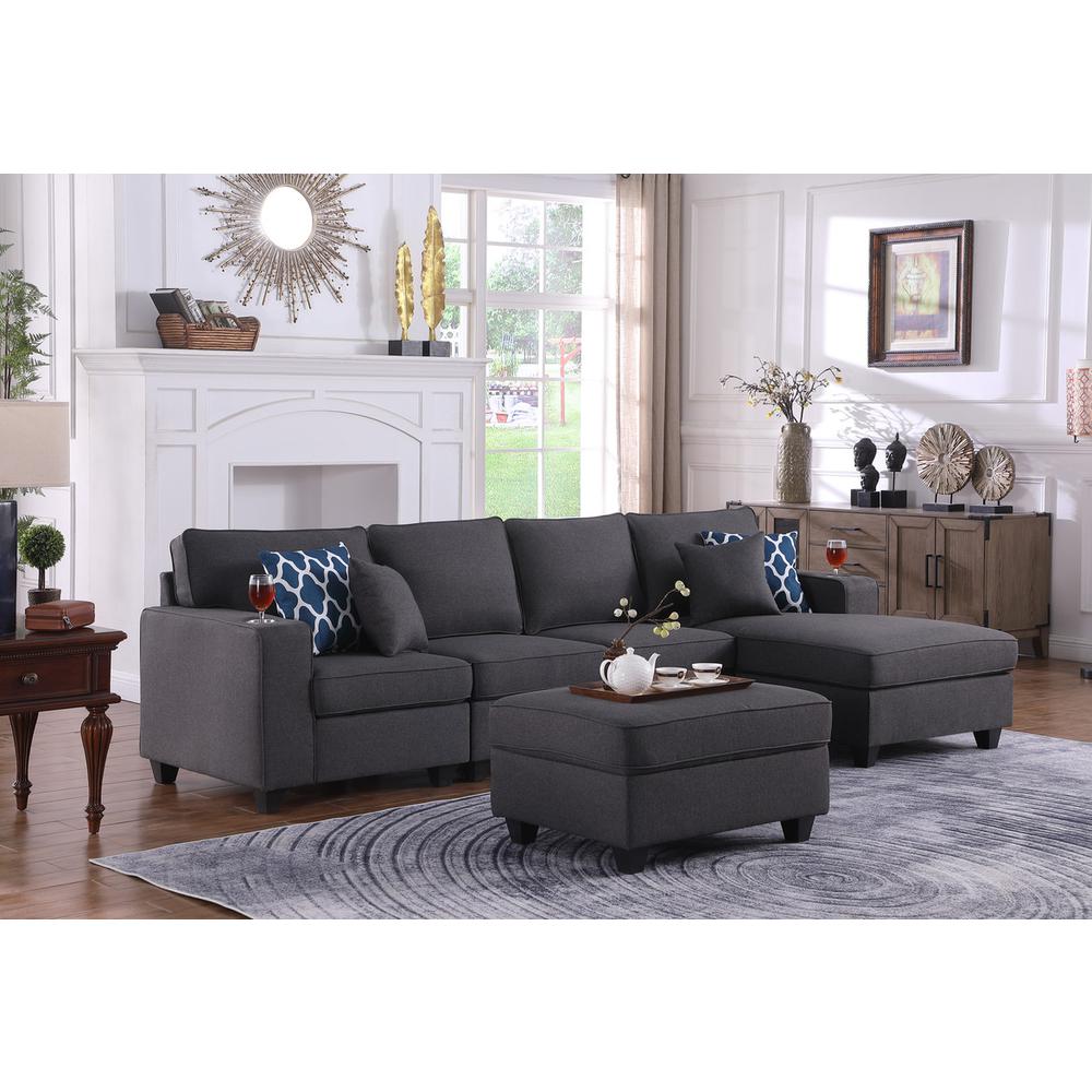 Cooper Dark Gray Linen 5 Pc Sectional Sofa Chaise with Ottoman and Cupholder. Picture 5