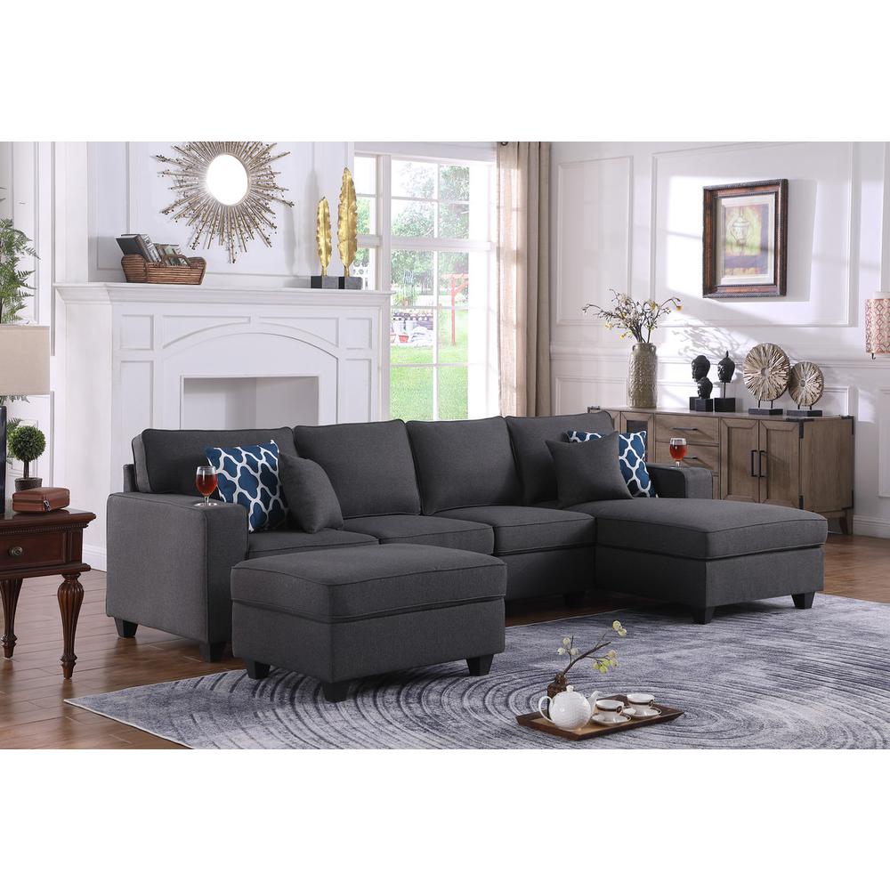 Cooper Dark Gray Linen 5Pc Sectional Sofa Chaise with Ottoman and Cupholder. Picture 5