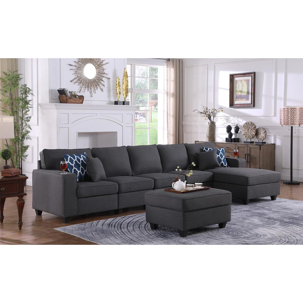Cooper Dark Gray Linen 6 Pc Sectional Sofa Chaise with Ottoman and Cupholder. Picture 5