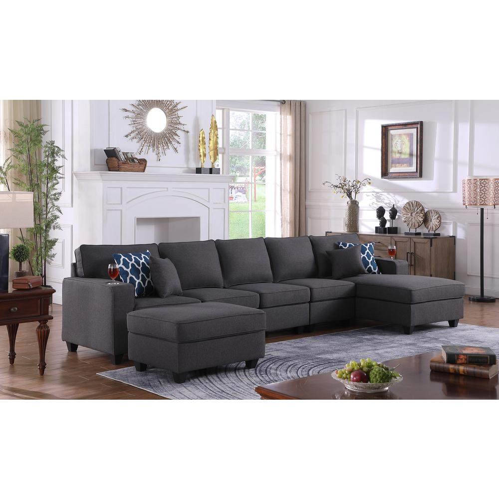 Cooper Dark Gray Linen 6Pc Sectional Sofa Chaise with Ottoman and Cupholder. Picture 5