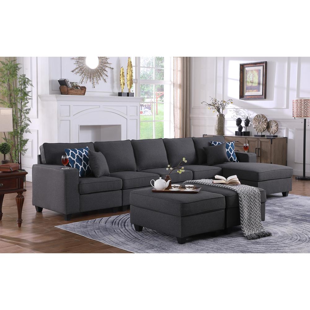 Cooper Dark Gray Linen Sectional Sofa Chaise with 2 Ottomans and Cupholder. Picture 4