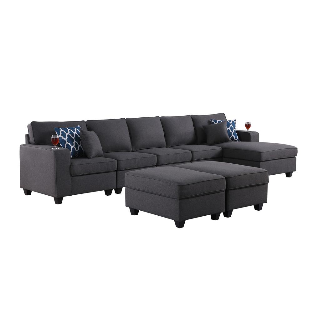 Cooper Dark Gray Linen Sectional Sofa Chaise with 2 Ottomans and Cupholder. Picture 1